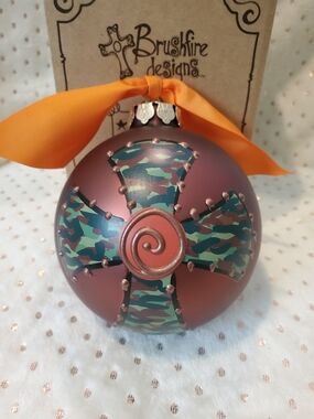 Camo Cross Handpainted  Ornament Maroon ,Camo Green, Gold,Keepsake In Box